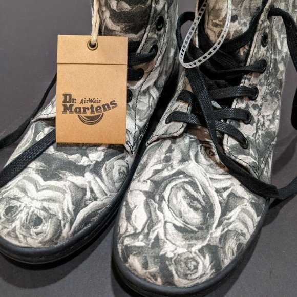 New DR. MARTENS Hackney Floral Skull Gray/White Canvas Boots Womens Size 7 - Picture 10 of 12
